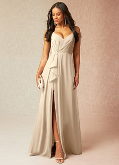 Azazie Kyedae Bridesmaid Dresses Champagne A-Line V-Neck Pleated Chiffon Dress image1