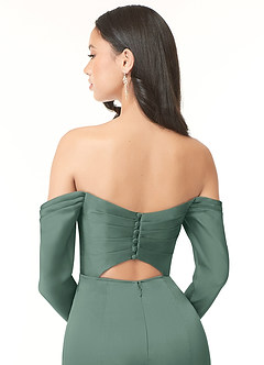 Azazie Hallie Bridesmaid Dresses Eucalyptus Sheath Off-The-Shoulder Long Sleeve Stretch Satin Convertible Dress image7