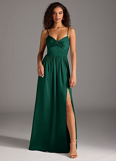 Azazie Zeya Bridesmaid Dresses Emerald A-Line Pleated Stretch Satin Dress image2
