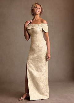 Azazie Zion Mother of the Bride Dresses Champagne Sheath Off the Shoulder Floral Jacquard Dress image4
