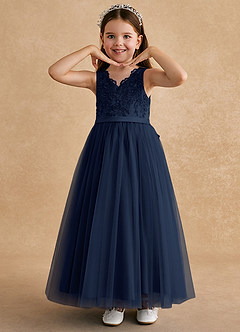 Azazie Cinna Flower Girl Dresses Dark Navy A-Line Lace Tulle Dress image5