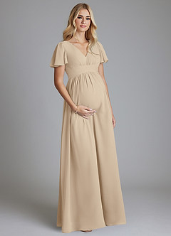 Azazie Verna vestidos de dama de honor de maternidad Vestido de Corte en A Cuello en V fruncido Hasta el suelo Gasa image3