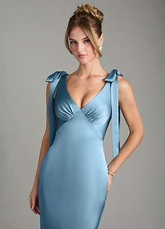Azazie Alena Bridesmaid Dresses Steel Blue Mermaid Pleated Stretch Satin Dress image8