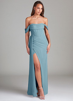 Azazie Amyra Bridesmaid Dresses Moody Blue Sheath Off the Shoulder Chiffon Convertible Dress image3