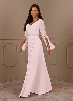 Azazie Belinda Mother of the Bride Dresses Blushing Pink A-Line V-Neck Pleated Chiffon Dress image3