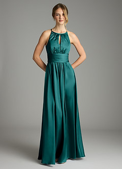 Azazie Bonnie Bridesmaid Dresses Peacock A-Line Pleated Stretch Satin Dress image3