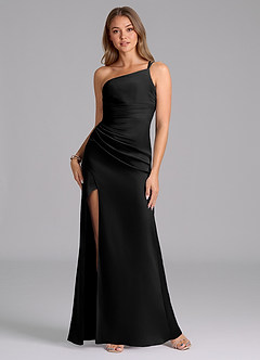 Azazie Eren Vestidos de damas de honor Vestido de Negro de Satén Elástico de Corte Sirena con Hombro unilateral image4