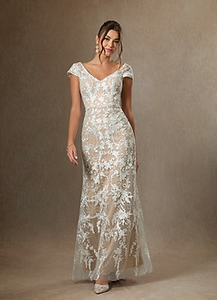 Azazie Devonna Wedding Dresses Diamond White Nude Sheath V-Neck Sequins Lace Dress image1