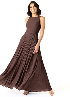 Azazie Lindie Final Sale Terracotta A-Line Scoop Pleated Chiffon Dress image3