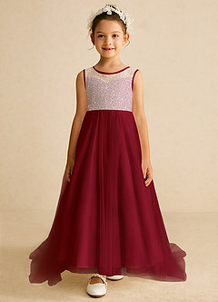 Azazie Tay Flower Girl Dresses Burgundy A-Line Sequins Tulle Dress image1