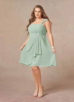 Azazie Olivia At-home Try On Dresses Agave A-Line Square Neckline Pleated Chiffon Dress image10