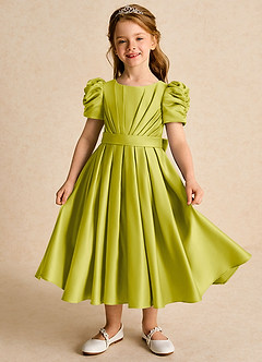 Azazie Miriam Flower Girl Dresses Lemongrass Ball-Gown Pleated Matte Satin Dress image2