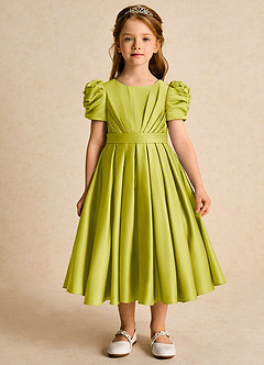 Azazie Miriam Flower Girl Dresses Lemongrass Ball-Gown Pleated Matte Satin Dress image4