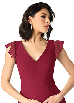 Azazie Claudine Bridesmaid Dresses Burgundy A-Line Flutter Sleeve Chiffon Dress image4