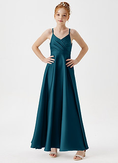 Azazie Avelina Junior Abito A-Line in Raso Elasticizzato Plissettato Blu Inchiostro image3