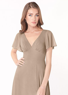 Azazie Kimber Bridesmaid Dresses Taupe A-Line Flounce Sleeve Chiffon Dress image8