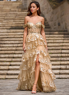 Glitz Champagne Robe de bal trapèze à volants image5