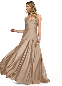 Azazie Kayla Bridesmaid Dresses Taupe Sheath Side Slit Stretch Satin Dress image3