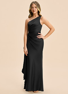 Azazie Holly Junior Black Sheath Pleated Stretch Satin Dress image3