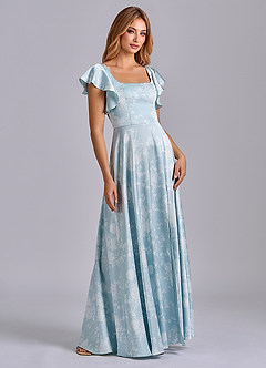 Azazie Bondi Brautjungfernkleider A-Linie Schleifen Stretch-Satin Kleid Puderblaues Blumenmuster image6