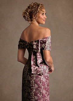 Azazie Zion Mother of the Bride Dresses Cabernet Sheath Off the Shoulder Floral Jacquard Dress image6