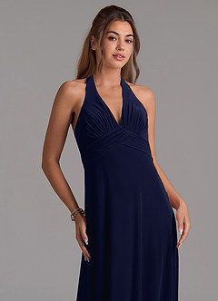 Azazie Tessie Bridesmaid Dresses Dark Navy A-Line Pleated Velvet Dress image3