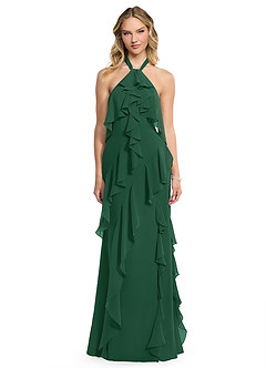 Azazie Velma Vestidos de damas de honor Vestido de Verde Oscuro de Gasa de Corte en A con Corte Lateral image1