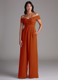 Azazie Lamara Bridesmaid Dresses Paprika Off the Shoulder Chiffon Convertible Jumpsuit image1