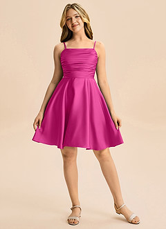 Azazie Miko Junior Fuchsia A-Line Pleated Stretch Satin Dress image5