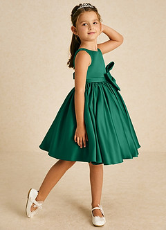 Azazie Apple Flower Girl Dresses Emerald A-Line Bow Matte Satin Dress image3