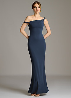 Azazie Shantal Bridesmaid Dresses Dark Navy Mermaid Off the Shoulder Premium Stretch Jersey Dress image3