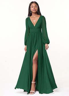 Azazie Norah Vestidos de damas de honor Vestido de Verde Oscuro de Gasa de Corte en A con Manga larga con cuello en V image1