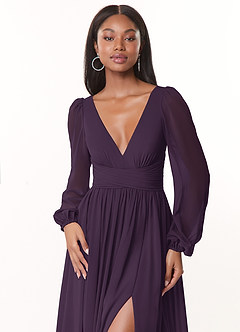 Azazie Norah Bridesmaid Dresses Plum A-Line V-Neck Long Sleeve Chiffon Dress image5