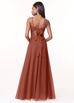 Azazie Zeya Robes de demoiselle d'honneur Robe Trapèze en Mousseline de soie Col V plissé Auburn image3