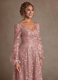 Azazie Mazie 신부의 어머니 드레스 A라인 레이스 얇실버 명주 그물 플로어 길이 드레스 image5