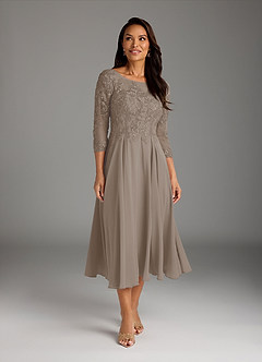 Azazie Marge Mother of the Bride Dresses Taupe A-Line Scoop Lace Chiffon Dress image2