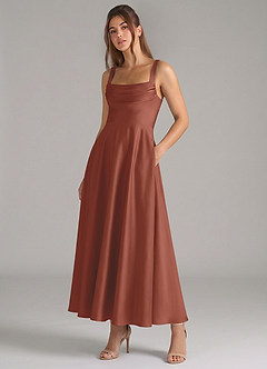 Azazie Shaude Bridesmaid Dresses Auburn A-Line Pleated Stretch Satin Dress image5