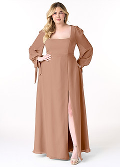 Azazie Leonia Brautjungfernkleider A-Linie Langarm Chiffon Kleid Champagner Rosa image4