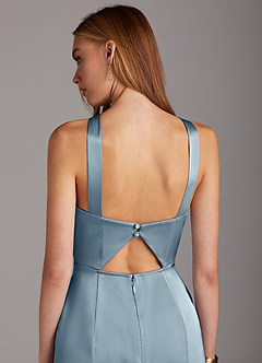 Azazie Elana Bridesmaid Dresses Dusty Blue Sheath Side Slit Stretch Satin Dress image5