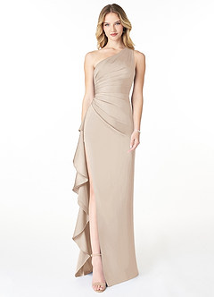 Azazie Latrice Bridesmaid Dresses White Alabaster Sheath One Shoulder Cascading Ruffles Stretch Satin Dress image1