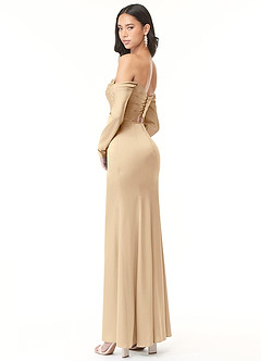 Azazie Hallie Bridesmaid Dresses Champagne Sheath Off-The-Shoulder Long Sleeve Stretch Satin Convertible Dress image6