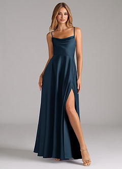Azazie Elle Vestidos de damas de honor Vestido Azul Marino Oscuro de Satén Elástico de Línea A con Plisado image4