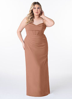 Azazie Mai Robes de demoiselle d'honneur Robe Fourreau en Mousseline de soie Plissée Bronze image7