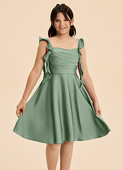 Azazie Kira Junior Matcha A-Line Ruched Stretch Satin Dress image3