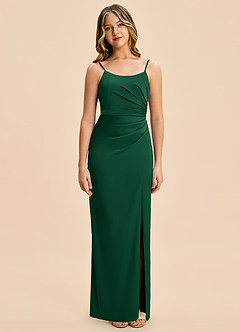 Azazie Calandra Junior Vestido Verde Oscuro de Satén Elástico de Corte Recto con Plisado image6