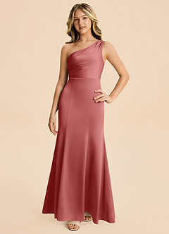 Azazie Ren Junior Robe Trapèze en Satin extensible Plissé Antique Rose image4