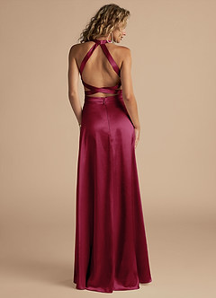 Azazie Clarice Bridesmaid Dresses Burgundy A-Line High Neck Metallic Satin Dress image2