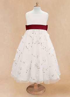 Azazie Pollie Flower Girl Dresses Ivory Burgundy A-Line Bow Tulle Dress image11