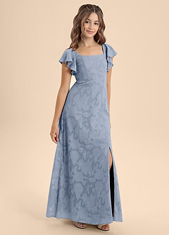 Azazie Bondi Junior Vestido de Azul Polvoriento de Devorado Floral de Corte En A con Lazo image6