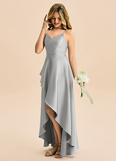 Azazie Eirlys Junior Vestido Prata de Cetim elástico de Linha A com Plissado image3